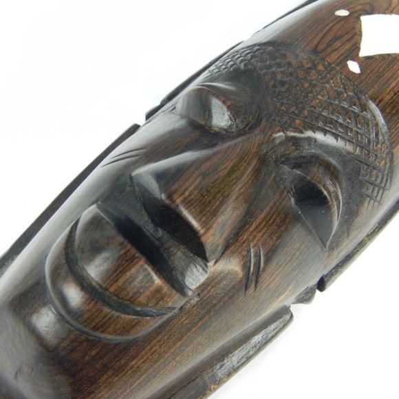 Solid Wood Bone Inlay Sculpture | Carved Face in Dark Wood | Vintage Artwork - Picture 6 of 10